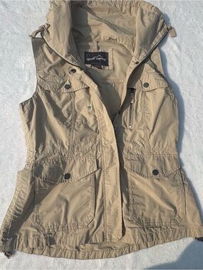Eddie Bauer Women’s Small Khaki Hooded Utility Vest Cargo Safari Outdoor